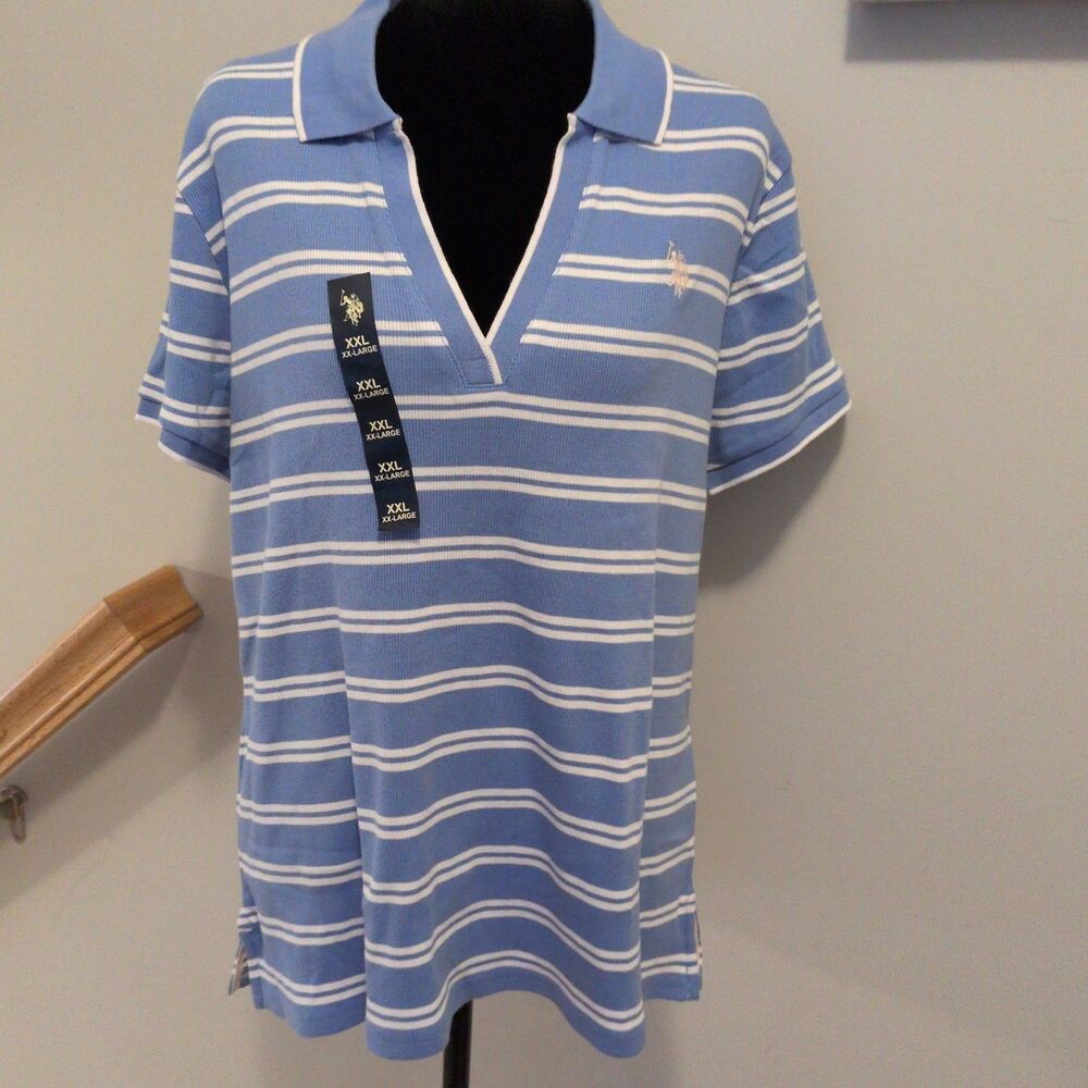 U.S. Polo Assn. Women’s Blue & White Striped Short Sleeve V-Neck Polo Top XXL